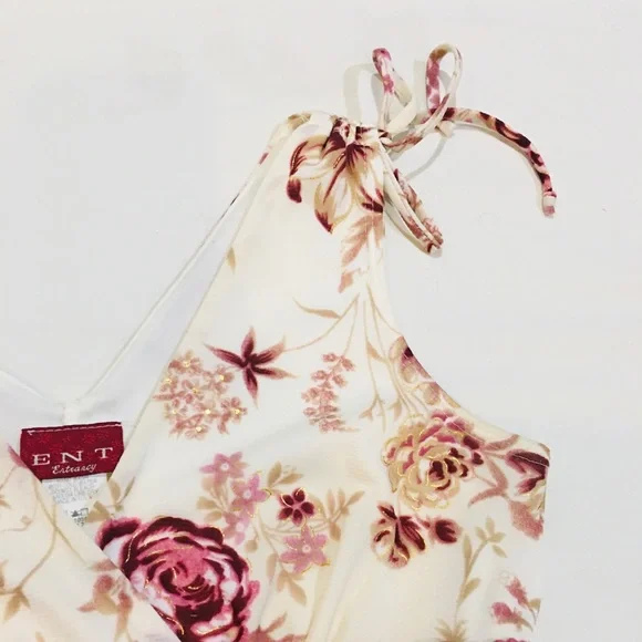 Cream and Pink Floral Mermaid Flare Dress with Gold Detailed Roses - Picture 6 of 13